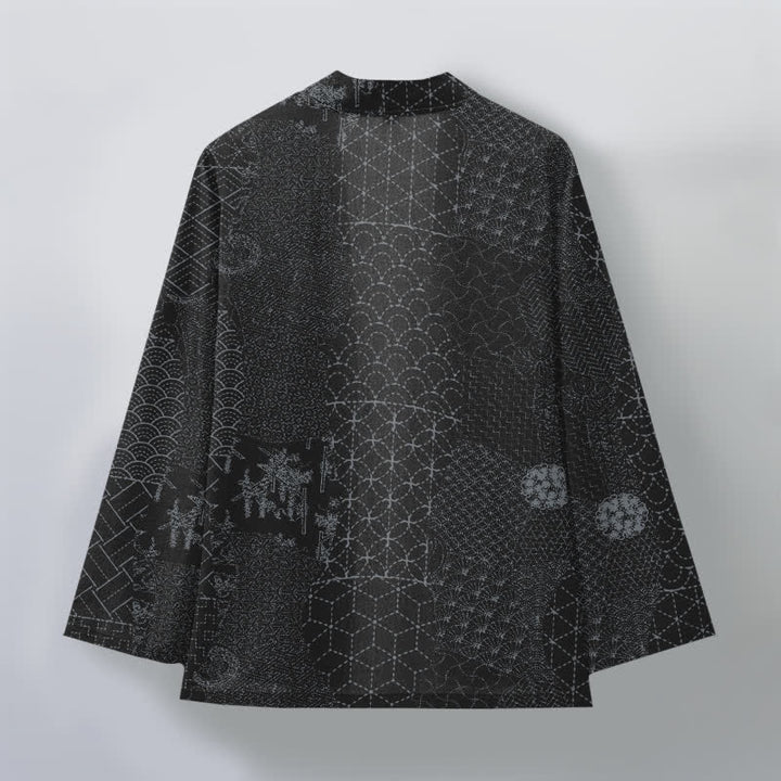 Buddha Stones Baumwollkimono mit Seigaiha-Asanoha-Muster und offener Vorderseite für Herren - image 8