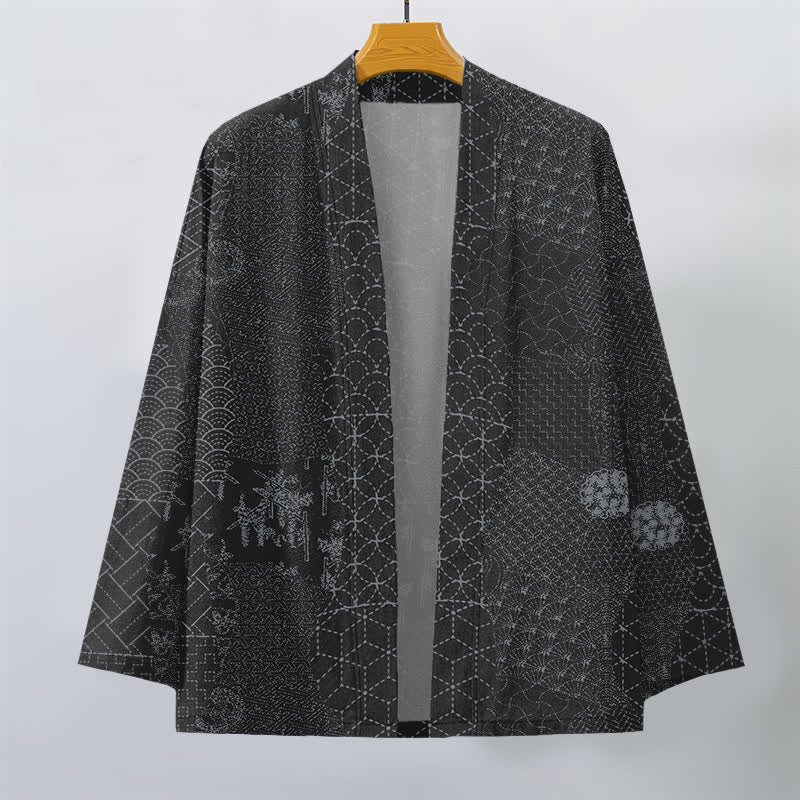 Buddha Stones Baumwollkimono mit Seigaiha-Asanoha-Muster und offener Vorderseite für Herren - image 7
