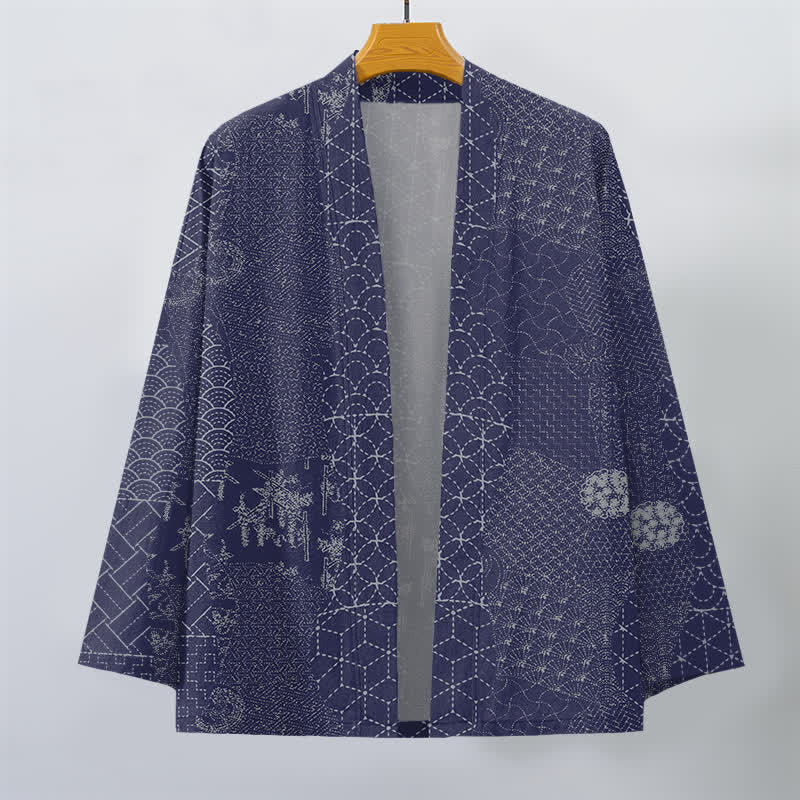 Buddha Stones Baumwollkimono mit Seigaiha-Asanoha-Muster und offener Vorderseite für Herren - image 10