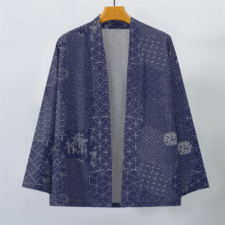 Buddha Stones Baumwollkimono mit Seigaiha-Asanoha-Muster und offener Vorderseite für Herren - image 10