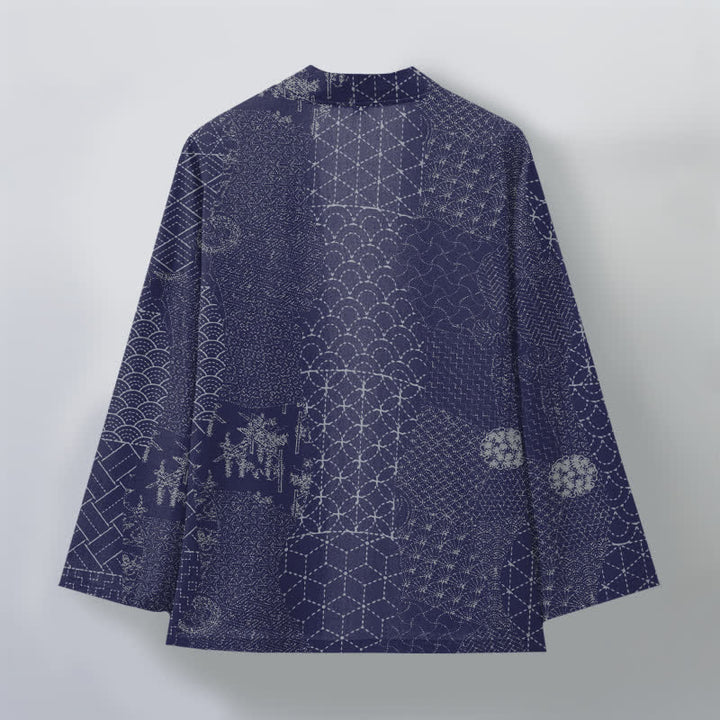 Buddha Stones Baumwollkimono mit Seigaiha-Asanoha-Muster und offener Vorderseite für Herren - image 11