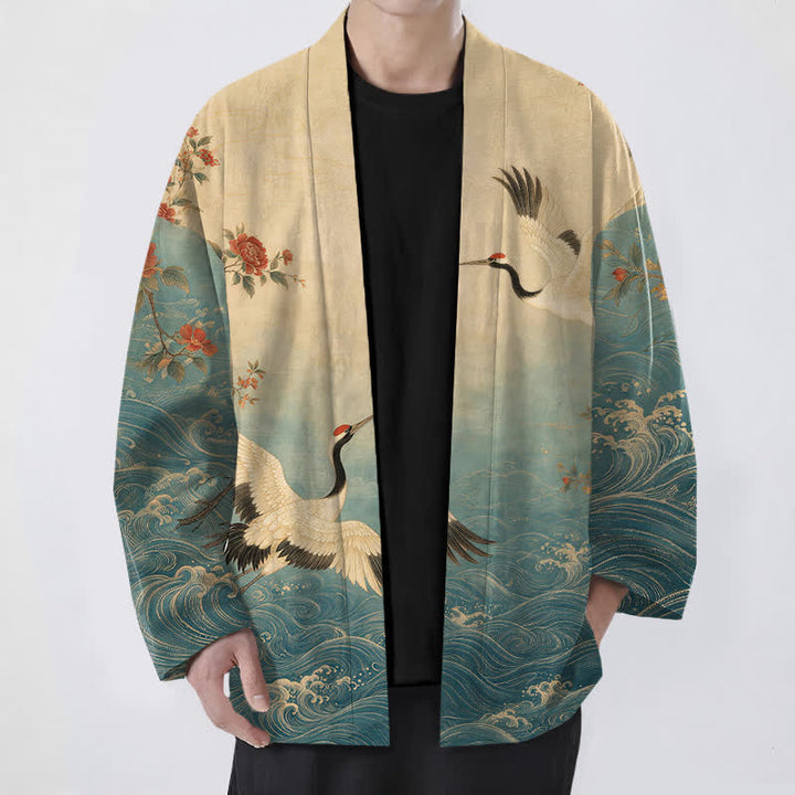 Buddha Stones Weißer Baumwollkimono mit Kranich-, Blumen- und Wellenmuster, offener Vorderseite - Türkis - US/UK/AU48, EU58 (4XL) - image 0