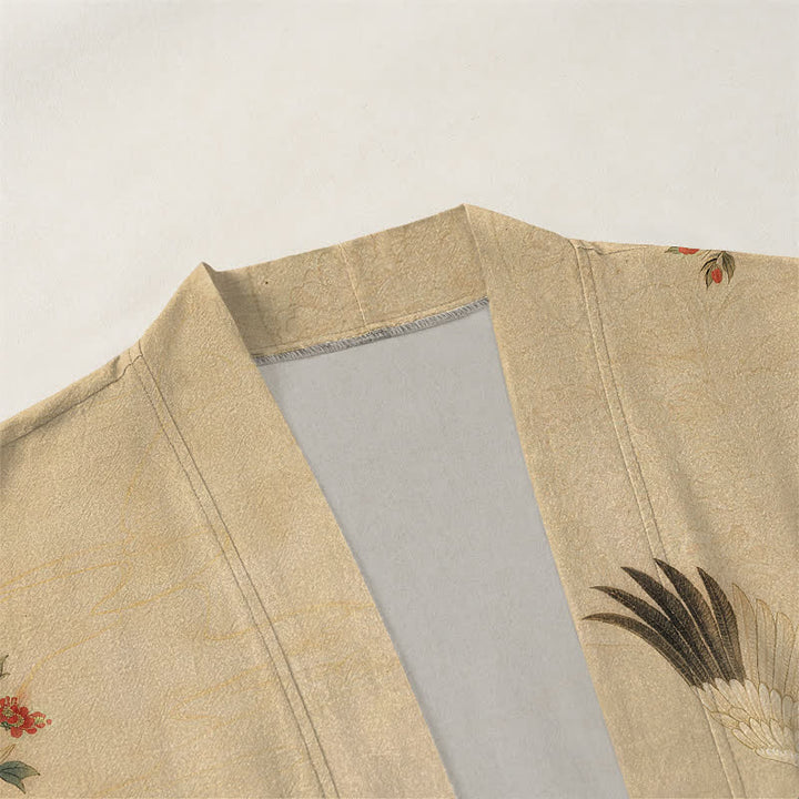 Buddha Stones Weißer Baumwollkimono mit Kranich-, Blumen- und Wellenmuster, offener Vorderseite - image 3