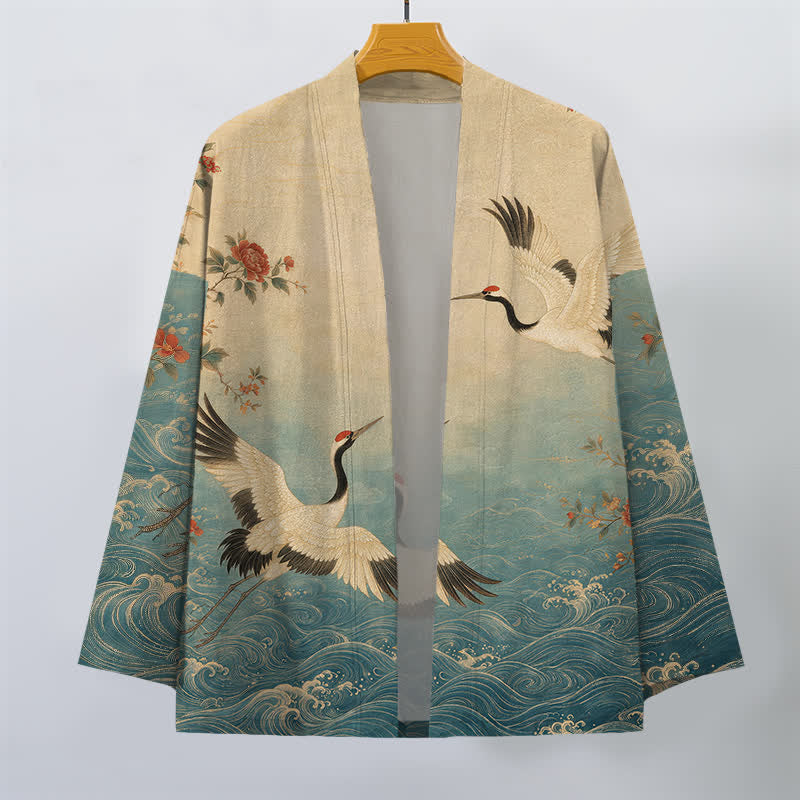 Buddha Stones Weißer Baumwollkimono mit Kranich-, Blumen- und Wellenmuster, offener Vorderseite - image 1