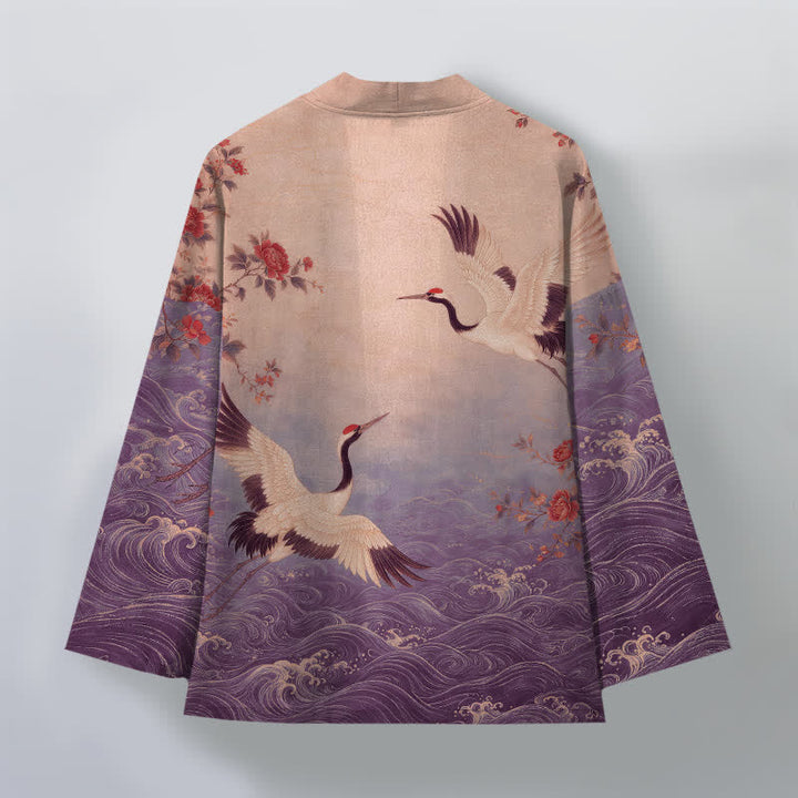 Buddha Stones Weißer Baumwollkimono mit Kranich-, Blumen- und Wellenmuster, offener Vorderseite - image 8