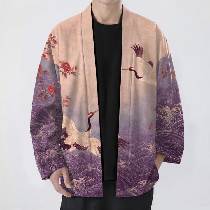 Buddha Stones Weißer Baumwollkimono mit Kranich-, Blumen- und Wellenmuster, offener Vorderseite - Mittelviolett - US/UK/AU48, EU58 (4XL) - image 6
