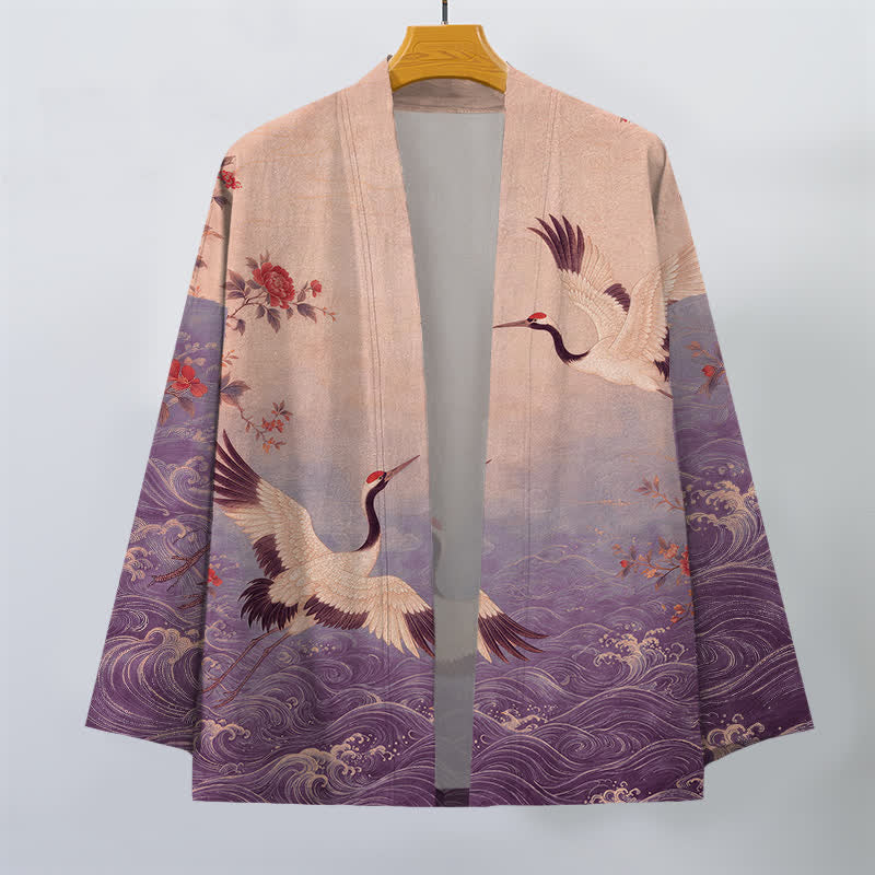 Buddha Stones Weißer Baumwollkimono mit Kranich-, Blumen- und Wellenmuster, offener Vorderseite - image 7