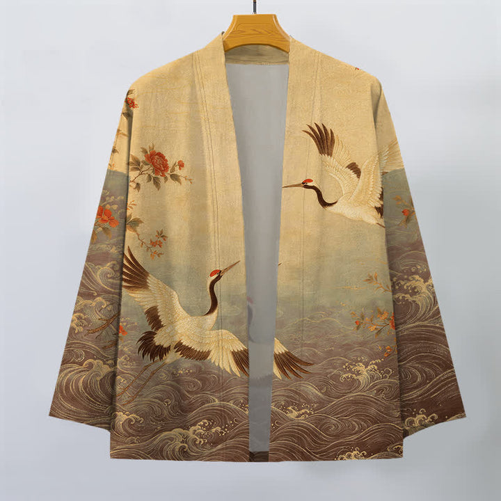 Buddha Stones Weißer Baumwollkimono mit Kranich-, Blumen- und Wellenmuster, offener Vorderseite - image 10
