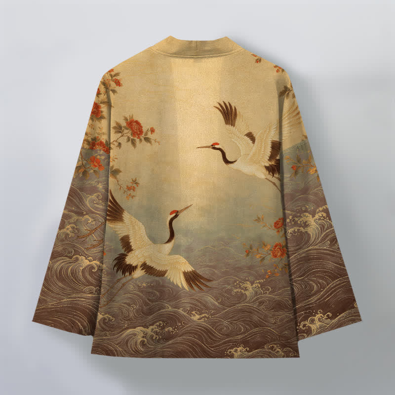 Buddha Stones Weißer Baumwollkimono mit Kranich-, Blumen- und Wellenmuster, offener Vorderseite - image 11