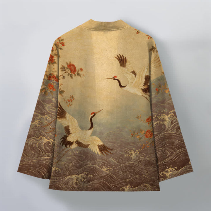 Buddha Stones Weißer Baumwollkimono mit Kranich-, Blumen- und Wellenmuster, offener Vorderseite - image 11