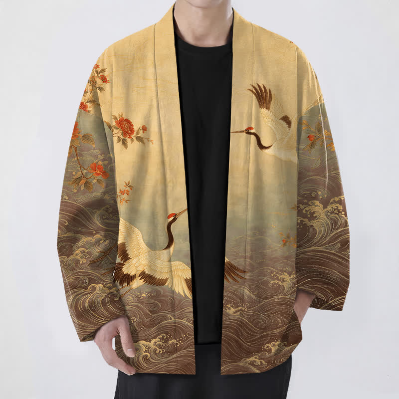 Buddha Stones Weißer Baumwollkimono mit Kranich-, Blumen- und Wellenmuster, offener Vorderseite - Dunkelgoldenrod - US/UK/AU48, EU58 (4XL) - image 9