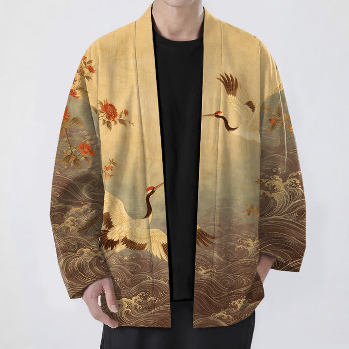 Buddha Stones Weißer Baumwollkimono mit Kranich-, Blumen- und Wellenmuster, offener Vorderseite - Dunkelgoldenrod - US/UK/AU48, EU58 (4XL) - image 9