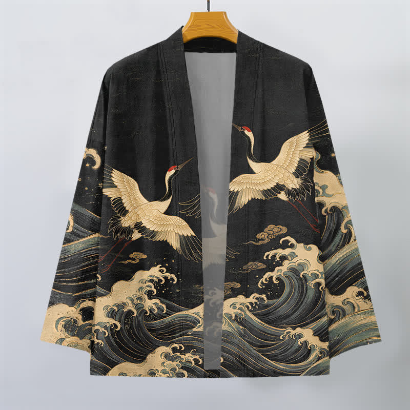 Buddha Stones Kimono aus Baumwolle mit goldenem Kranich- und Wellenmuster, offener Vorderseite, für Herren - image 1