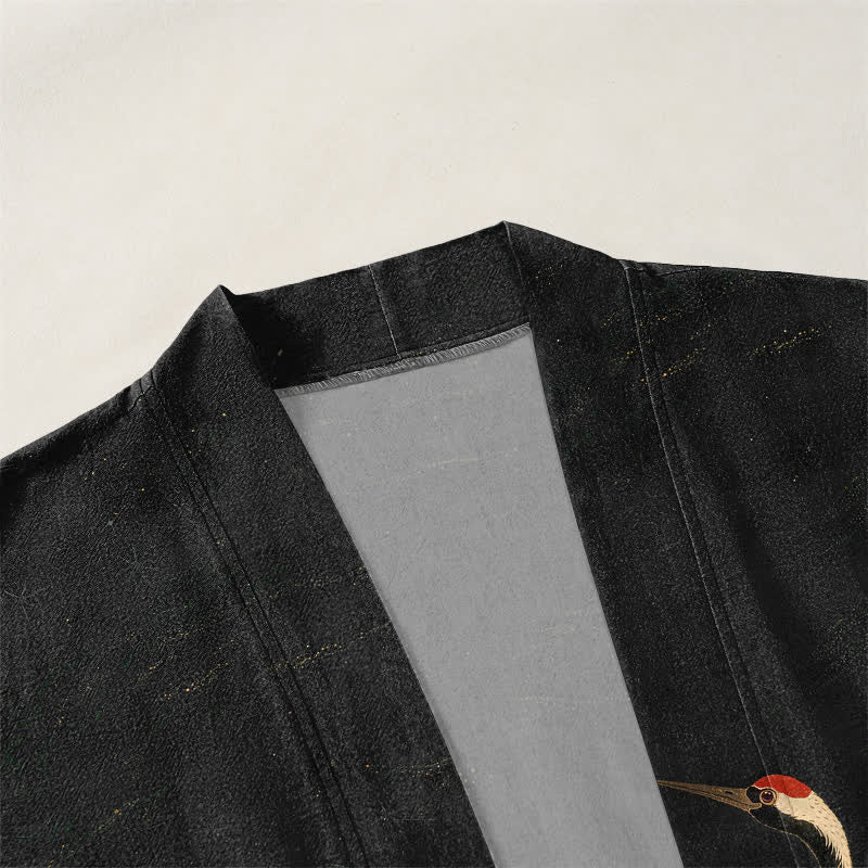 Buddha Stones Kimono aus Baumwolle mit goldenem Kranich- und Wellenmuster, offener Vorderseite, für Herren - image 3