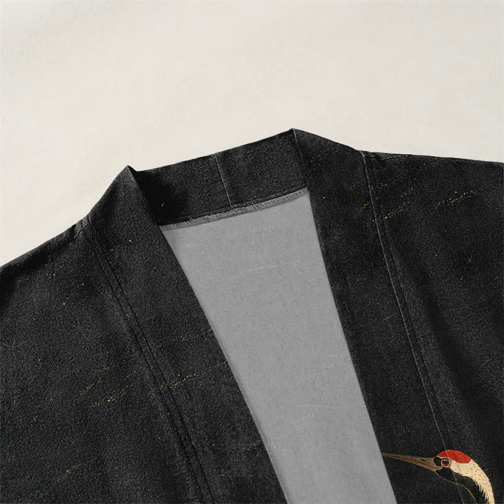 Buddha Stones Kimono aus Baumwolle mit goldenem Kranich- und Wellenmuster, offener Vorderseite, für Herren - image 3