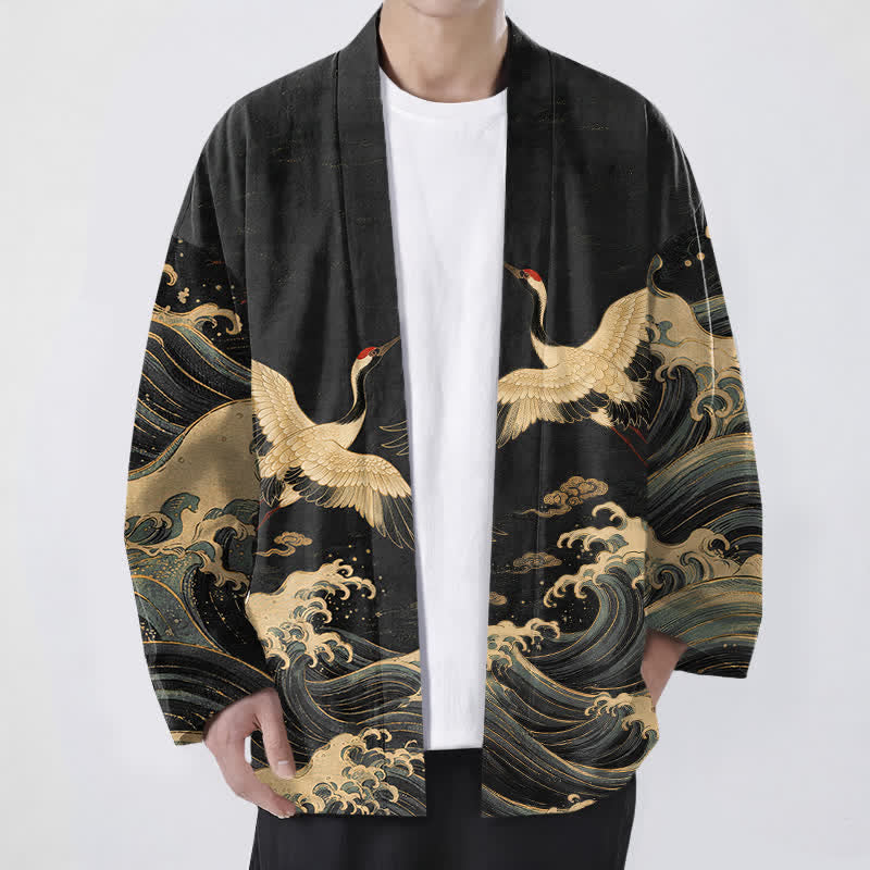 Buddha Stones Kimono aus Baumwolle mit goldenem Kranich- und Wellenmuster, offener Vorderseite, für Herren - Schwarz - US/UK/AU48, EU58 (4XL) - image 0