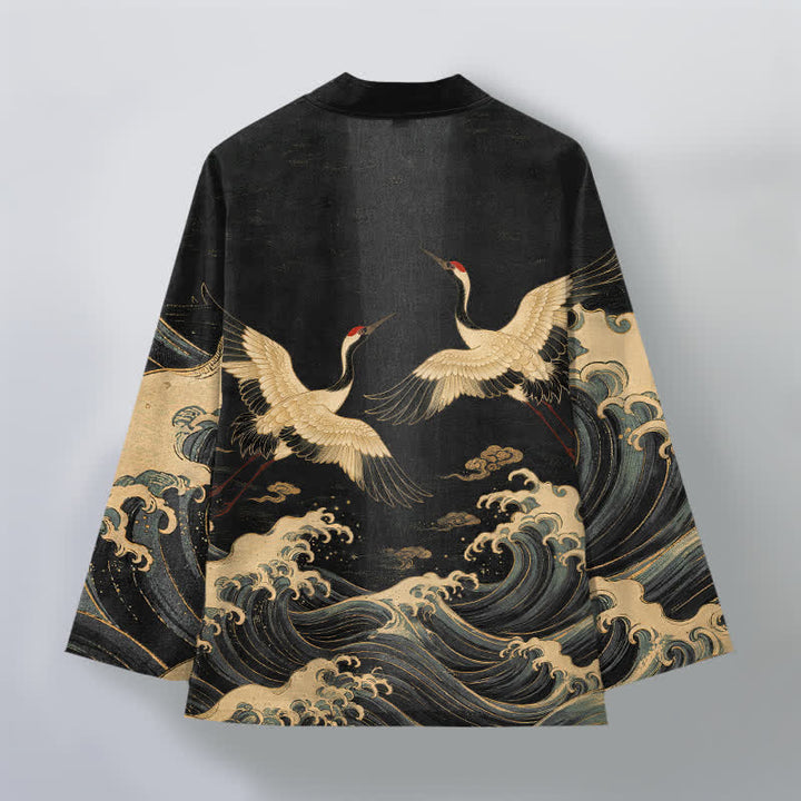 Buddha Stones Kimono aus Baumwolle mit goldenem Kranich- und Wellenmuster, offener Vorderseite, für Herren - image 2