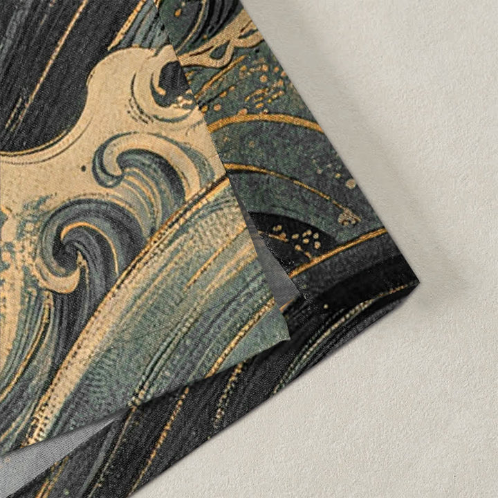 Buddha Stones Kimono aus Baumwolle mit goldenem Kranich- und Wellenmuster, offener Vorderseite, für Herren - image 4