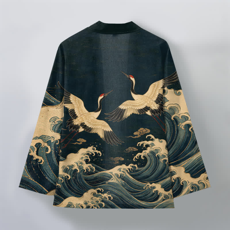 Buddha Stones Kimono aus Baumwolle mit goldenem Kranich- und Wellenmuster, offener Vorderseite, für Herren - image 8