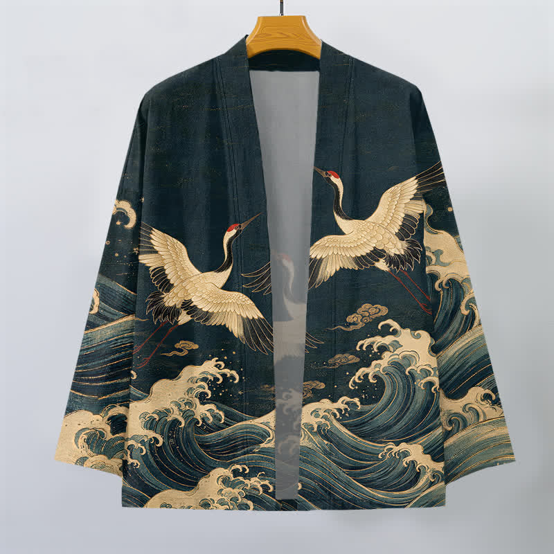 Buddha Stones Kimono aus Baumwolle mit goldenem Kranich- und Wellenmuster, offener Vorderseite, für Herren - image 7