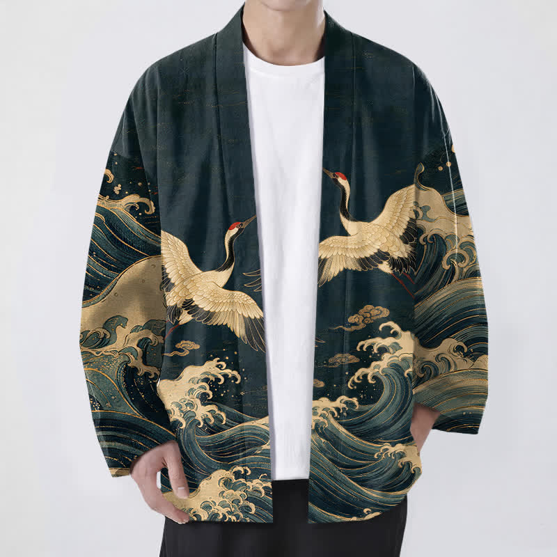 Buddha Stones Kimono aus Baumwolle mit goldenem Kranich- und Wellenmuster, offener Vorderseite, für Herren - Marine - US/UK/AU48, EU58 (4XL) - image 6