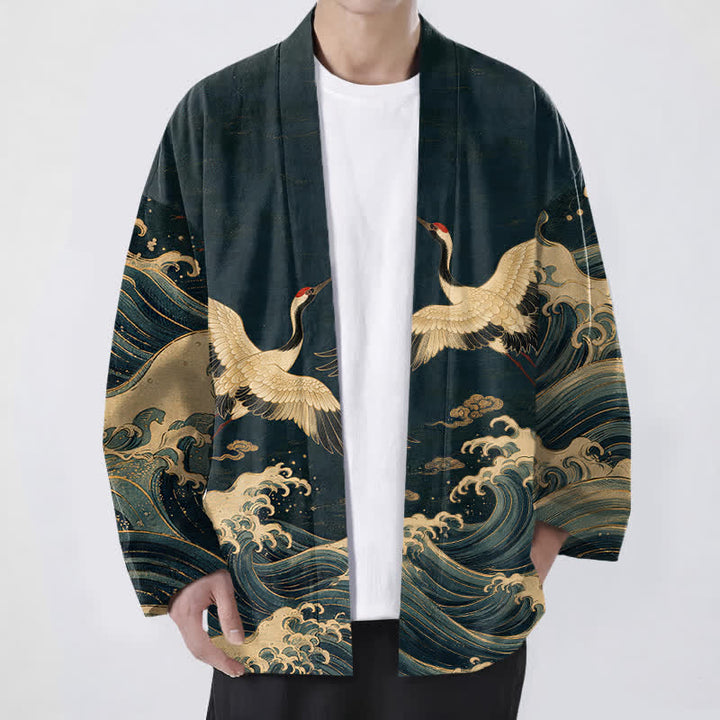 Buddha Stones Kimono aus Baumwolle mit goldenem Kranich- und Wellenmuster, offener Vorderseite, für Herren - Marine - US/UK/AU48, EU58 (4XL) - image 6