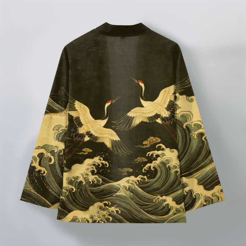 Buddha Stones Kimono aus Baumwolle mit goldenem Kranich- und Wellenmuster, offener Vorderseite, für Herren - image 11