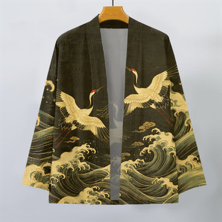 Buddha Stones Kimono aus Baumwolle mit goldenem Kranich- und Wellenmuster, offener Vorderseite, für Herren - image 10