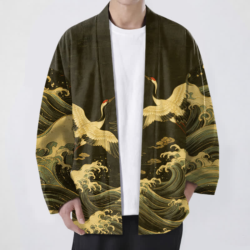 Buddha Stones Kimono aus Baumwolle mit goldenem Kranich- und Wellenmuster, offener Vorderseite, für Herren - Olive - US/UK/AU48, EU58 (4XL) - image 9