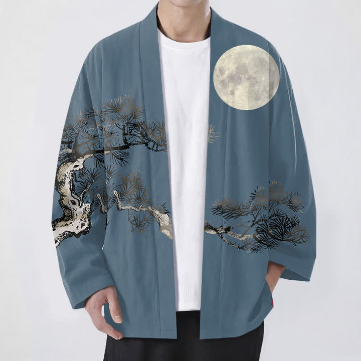Buddha Stones Kimono aus Baumwolle mit Vollmond-Kiefernmuster und offener Vorderseite für Herren - SteelBlue - US/UK/AU48, EU58 (4XL) - image 0