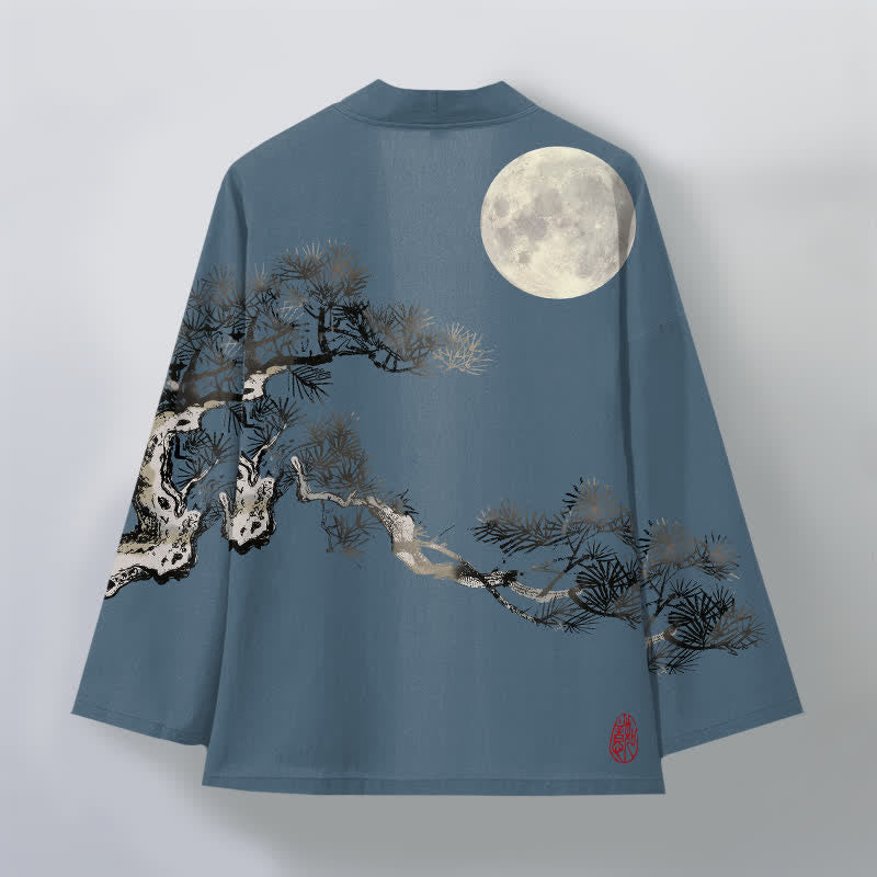 Buddha Stones Kimono aus Baumwolle mit Vollmond-Kiefernmuster und offener Vorderseite für Herren - image 2
