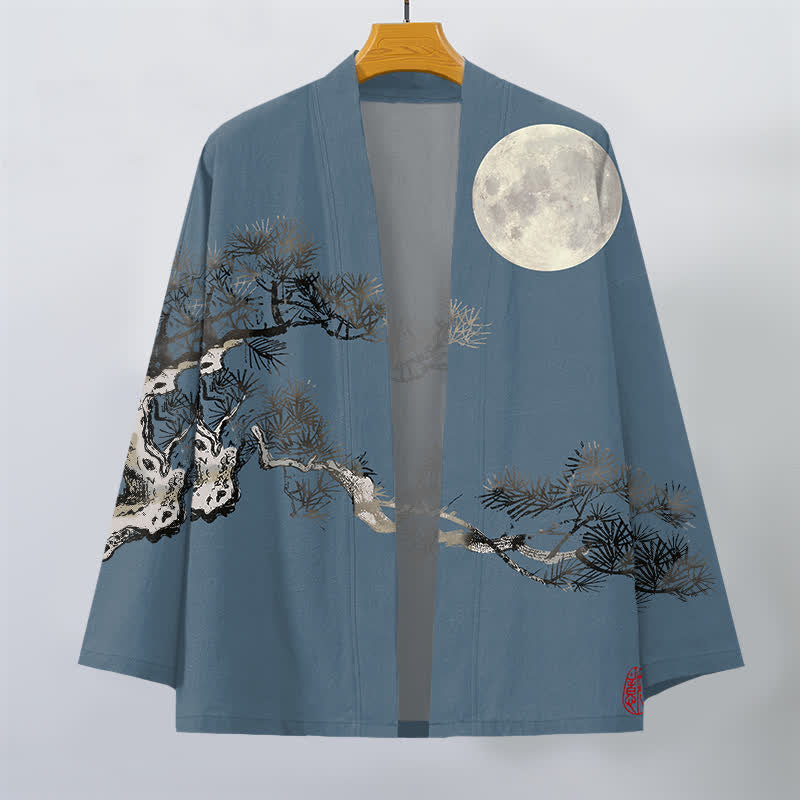 Buddha Stones Kimono aus Baumwolle mit Vollmond-Kiefernmuster und offener Vorderseite für Herren - image 1