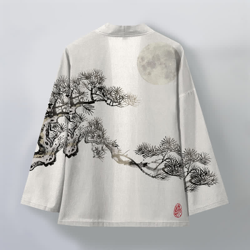 Buddha Stones Kimono aus Baumwolle mit Vollmond-Kiefernmuster und offener Vorderseite für Herren - image 8