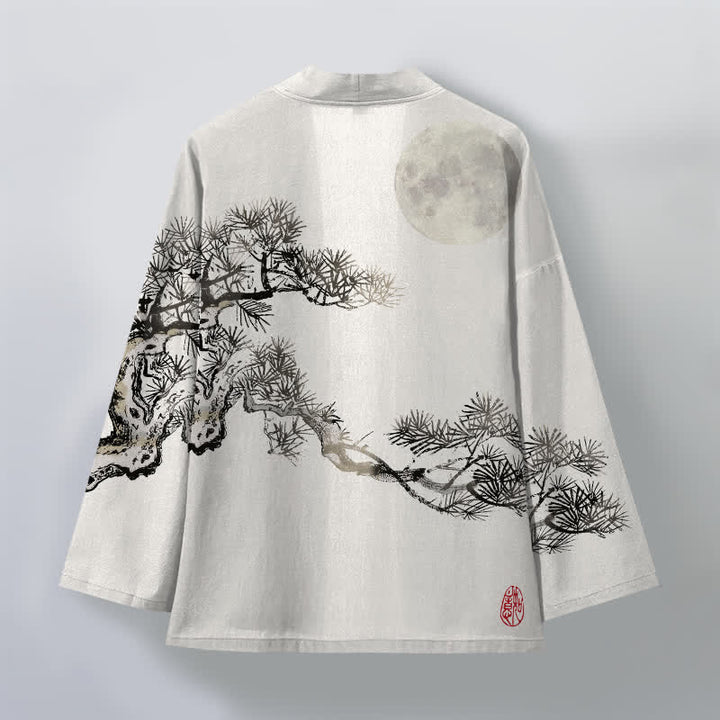 Buddha Stones Kimono aus Baumwolle mit Vollmond-Kiefernmuster und offener Vorderseite für Herren - image 8