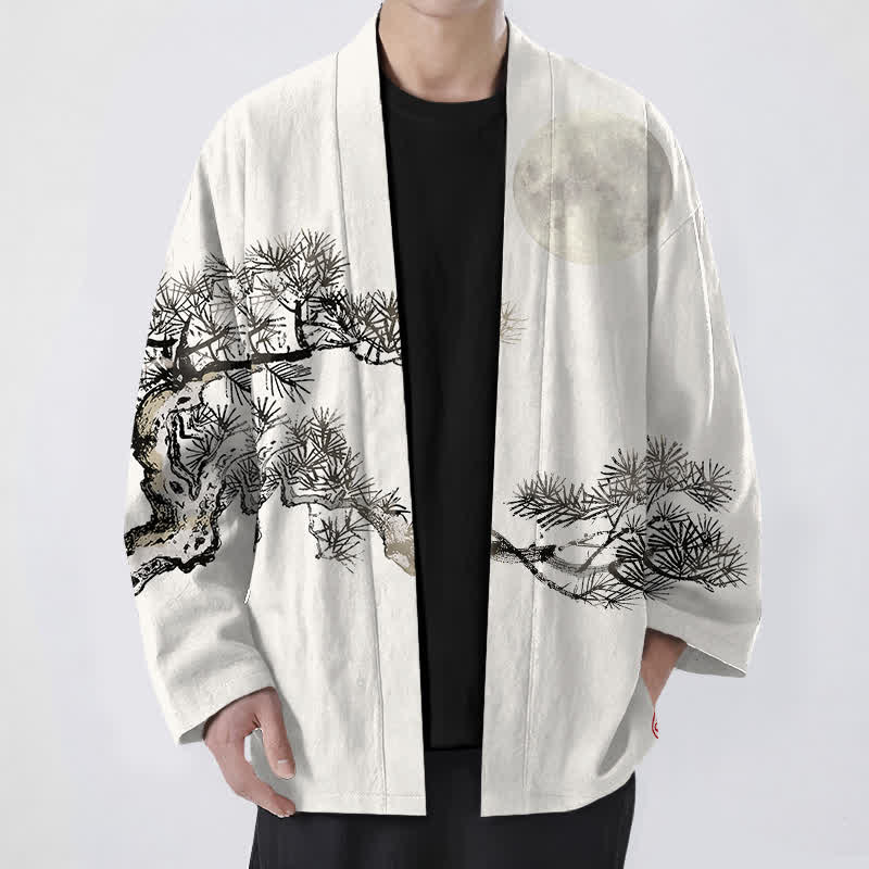 Buddha Stones Kimono aus Baumwolle mit Vollmond-Kiefernmuster und offener Vorderseite für Herren - Elfenbein - US/UK/AU48, EU58 (4XL) - image 6