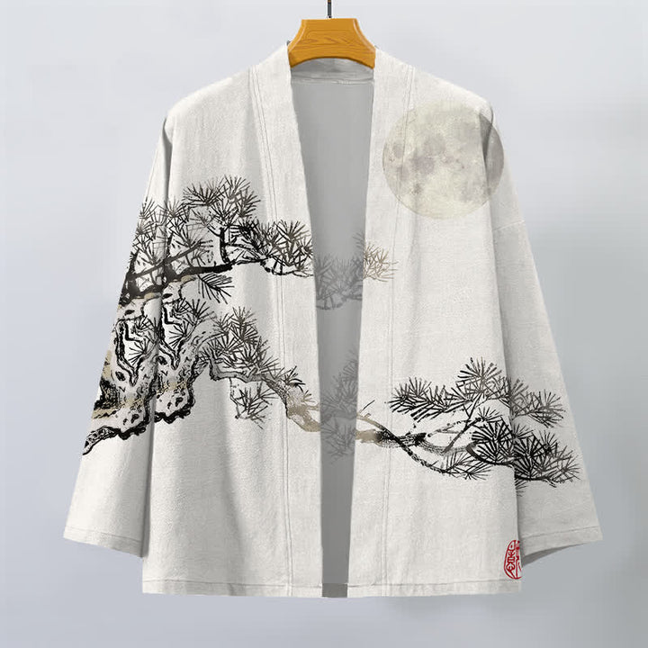 Buddha Stones Kimono aus Baumwolle mit Vollmond-Kiefernmuster und offener Vorderseite für Herren - image 7