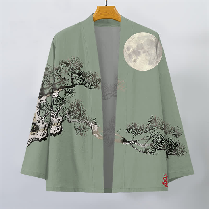 Buddha Stones Kimono aus Baumwolle mit Vollmond-Kiefernmuster und offener Vorderseite für Herren - image 10