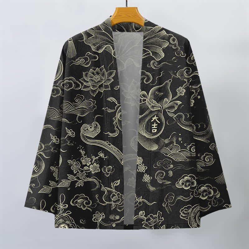 Buddha Stones Kimono aus Baumwolle mit Lotus- und Wolkenmuster und offener Vorderseite für Herren - image 1