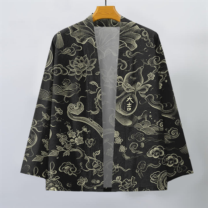 Buddha Stones Kimono aus Baumwolle mit Lotus- und Wolkenmuster und offener Vorderseite für Herren - image 1