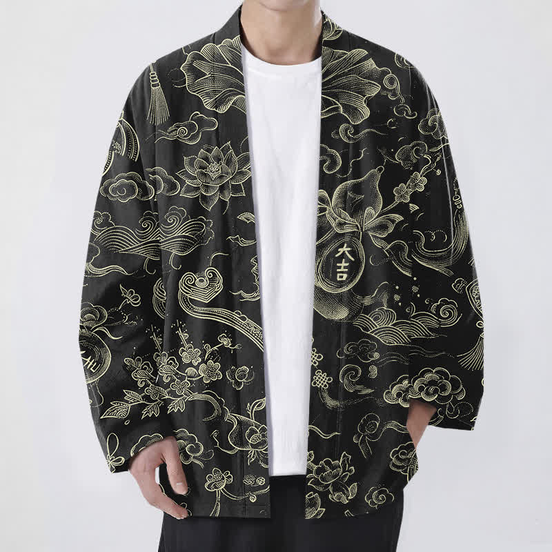Buddha Stones Kimono aus Baumwolle mit Lotus- und Wolkenmuster und offener Vorderseite für Herren - Schwarz - US/UK/AU48, EU58 (4XL) - image 0