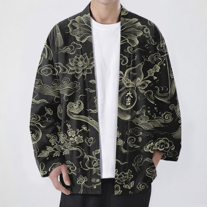Buddha Stones Kimono aus Baumwolle mit Lotus- und Wolkenmuster und offener Vorderseite für Herren - Schwarz - US/UK/AU48, EU58 (4XL) - image 0