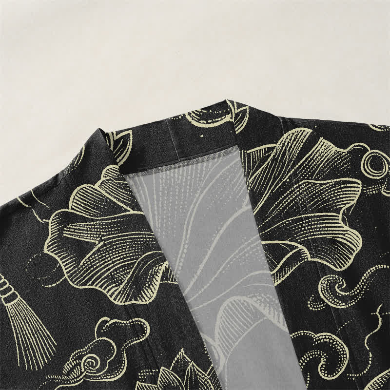 Buddha Stones Kimono aus Baumwolle mit Lotus- und Wolkenmuster und offener Vorderseite für Herren - image 3