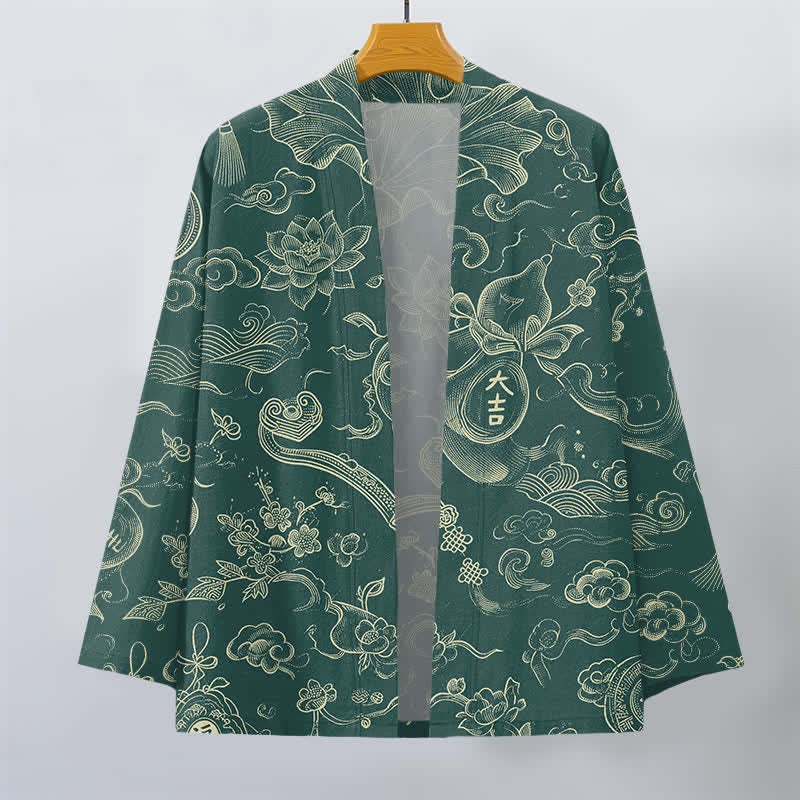 Buddha Stones Kimono aus Baumwolle mit Lotus- und Wolkenmuster und offener Vorderseite für Herren - image 7