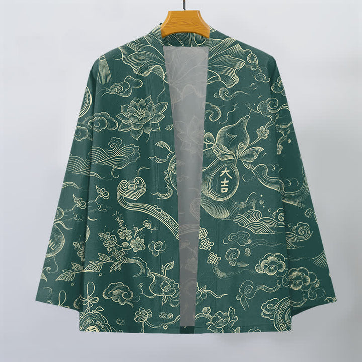 Buddha Stones Kimono aus Baumwolle mit Lotus- und Wolkenmuster und offener Vorderseite für Herren - image 7