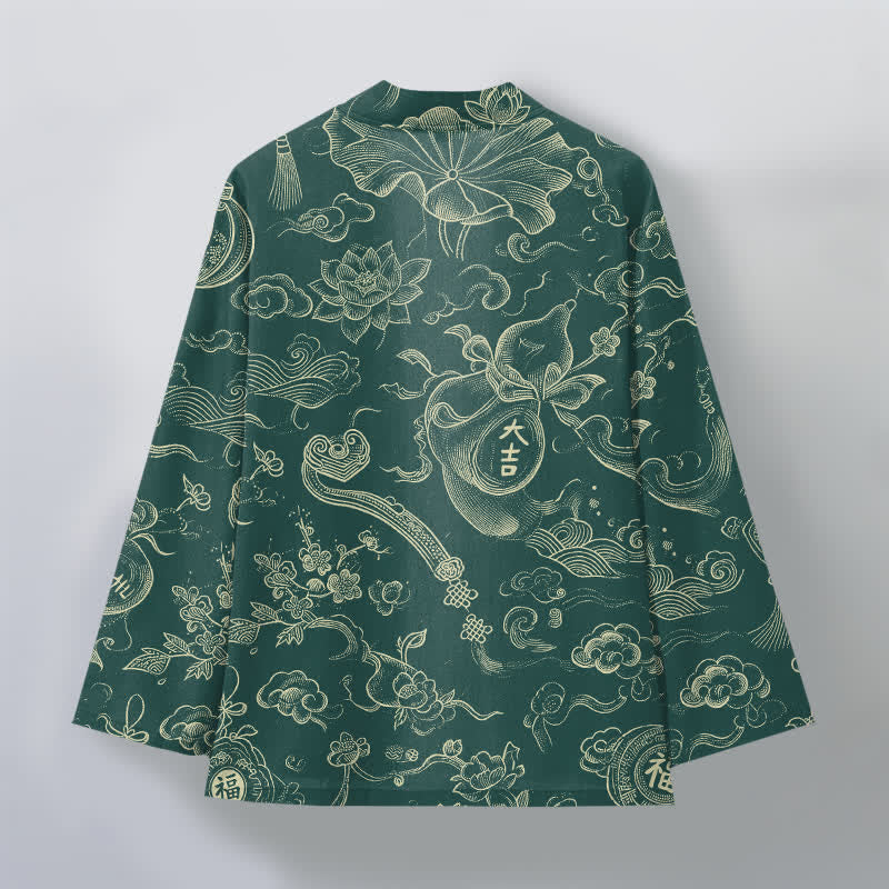 Buddha Stones Kimono aus Baumwolle mit Lotus- und Wolkenmuster und offener Vorderseite für Herren - image 8