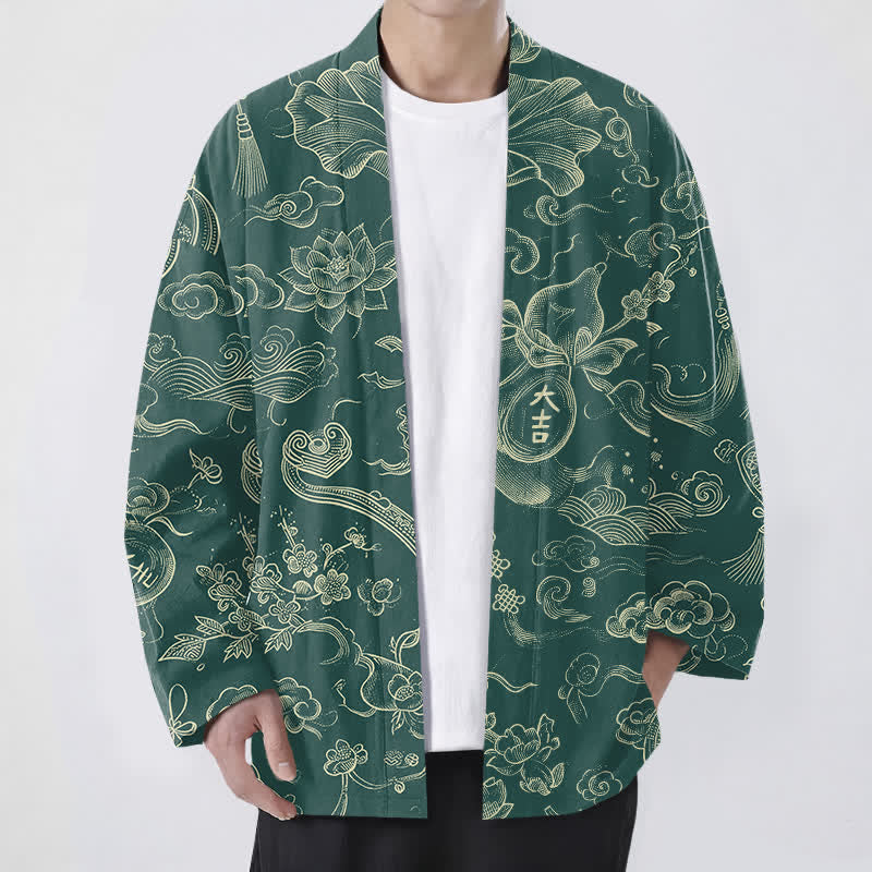 Buddha Stones Kimono aus Baumwolle mit Lotus- und Wolkenmuster und offener Vorderseite für Herren - SeaGreen - US/UK/AU48, EU58 (4XL) - image 6