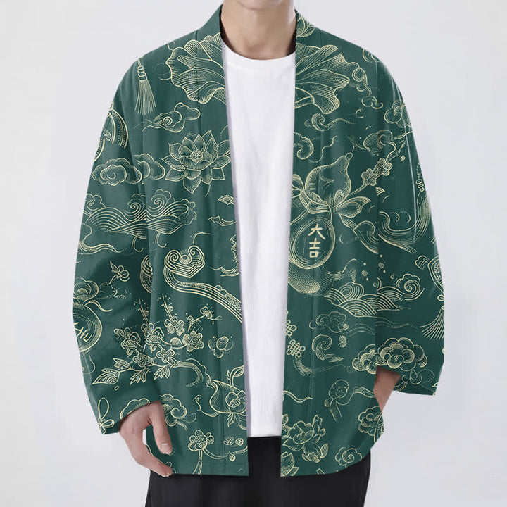 Buddha Stones Kimono aus Baumwolle mit Lotus- und Wolkenmuster und offener Vorderseite für Herren - SeaGreen - US/UK/AU48, EU58 (4XL) - image 6