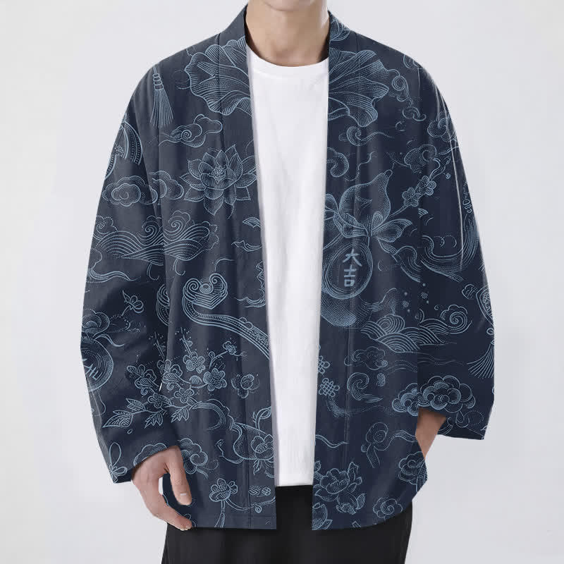 Buddha Stones Kimono aus Baumwolle mit Lotus- und Wolkenmuster und offener Vorderseite für Herren - Marine - US/UK/AU48, EU58 (4XL) - image 9