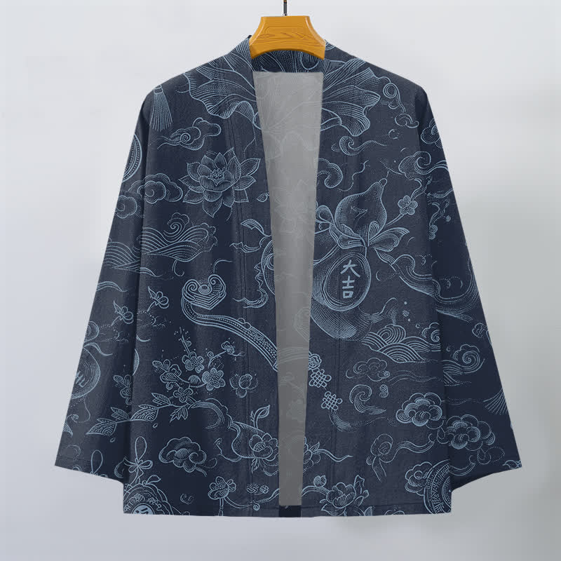 Buddha Stones Kimono aus Baumwolle mit Lotus- und Wolkenmuster und offener Vorderseite für Herren - image 10