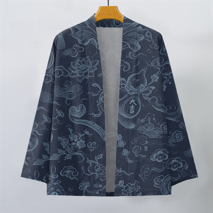 Buddha Stones Kimono aus Baumwolle mit Lotus- und Wolkenmuster und offener Vorderseite für Herren - image 10